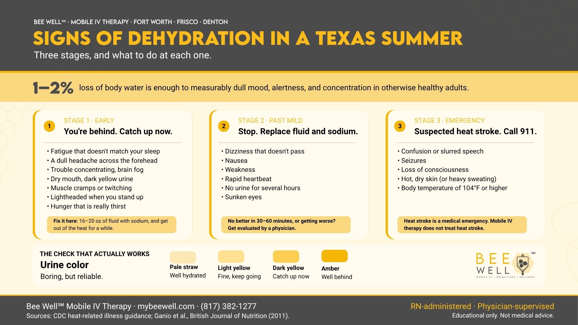 Three stages of dehydration in a Texas summer: early warning signs, when to replace fluid and sodium, and heat stroke emergency signs requiring 911