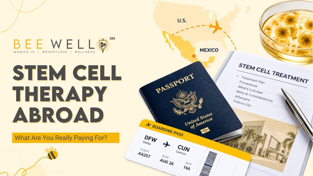 Passport, boarding pass, and medical paperwork representing travel abroad for stem cell treatment