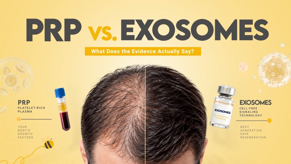 PRP vs exosomes for hair loss: split view of a man's thinning crown with a PRP blood tube on one side and an exosome vial on the other