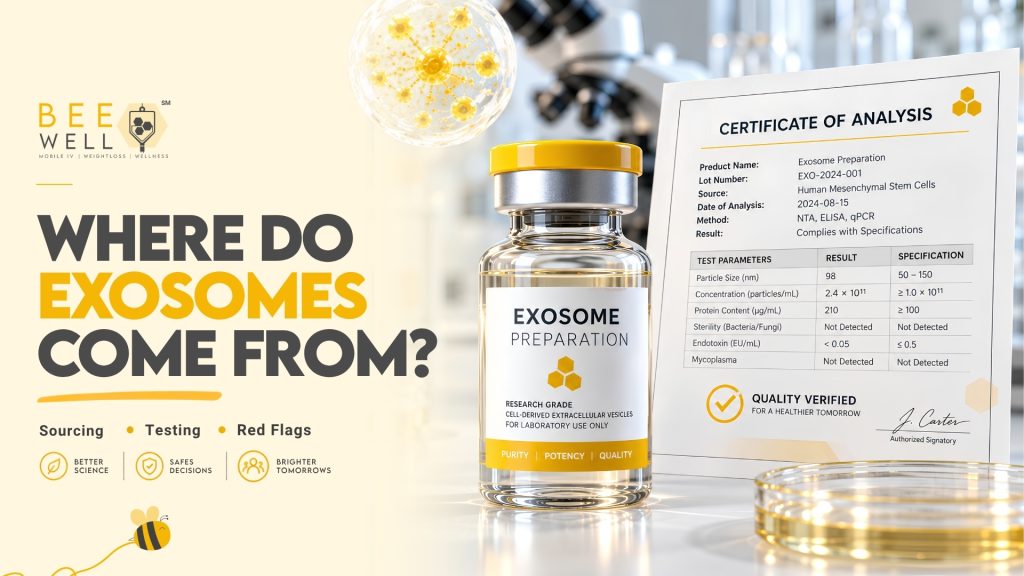 Laboratory vial of an exosome preparation beside its certificate of analysis and lot documentation