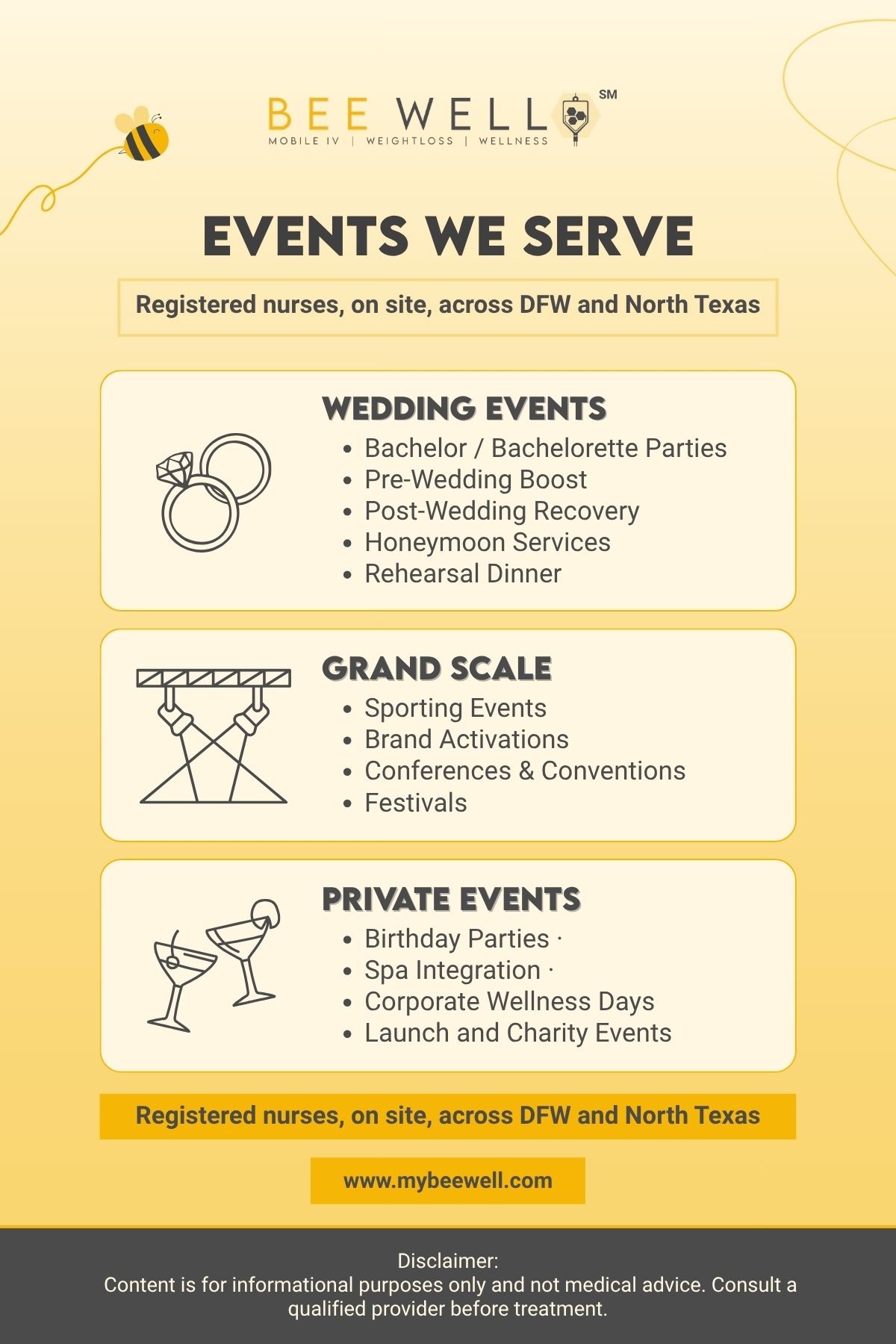 Events We Serve in DFW Wedding, corporate and private events served by Bee Well IV nurses